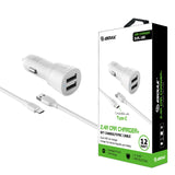 12W 2.4A Dual USB Car charger & 5FT Cable for Type-C White
