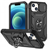 Armor Ring Stand Lens Cover Grip Case with Metal Plate for Apple iPhone 14 Plus [6.7] (Black)