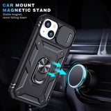 Armor Ring Stand Lens Cover Grip Case with Metal Plate for Apple iPhone 14 Plus [6.7] (Black)