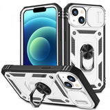 Armor Ring Stand Lens Cover Grip Case with Metal Plate for Apple iPhone 14 Plus [6.7] (Silver)