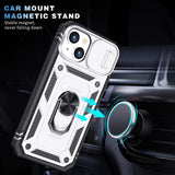 Armor Ring Stand Lens Cover Grip Case with Metal Plate for Apple iPhone 14 Plus [6.7] (Silver)