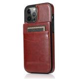 iPhone XR Luxury Vertical Magnetic Button Card ID Holder PU Leather Case Brown