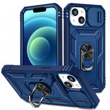 Armor Ring Stand Lens Cover Grip Case with Metal Plate for Apple iPhone 14 [6.1] (Navy Blue)