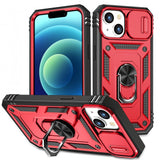 Armor Ring Stand Lens Cover Grip Case with Metal Plate for Apple iPhone 14 [6.1] (Red)