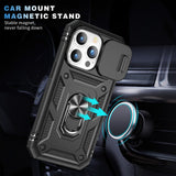 Armor Ring Stand Lens Cover Grip Case with Metal Plate for Apple iPhone 14 Pro Max [6.7] (Black)