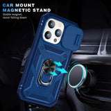 Armor Ring Stand Lens Cover Grip Case with Metal Plate for Apple iPhone 14 Pro Max [6.7] (Navy Blue)