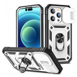 Armor Ring Stand Lens Cover Grip Case with Metal Plate for Apple iPhone 14 Pro Max [6.7] (Silver)