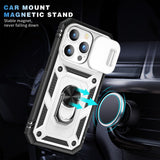 Armor Ring Stand Lens Cover Grip Case with Metal Plate for Apple iPhone 14 Pro Max [6.7] (Silver)