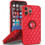 Slim Quilted PU Leather Luxury Shockproof 360 Ring Stand Phone Case for Apple iPhone 13 [6.1] (Red)